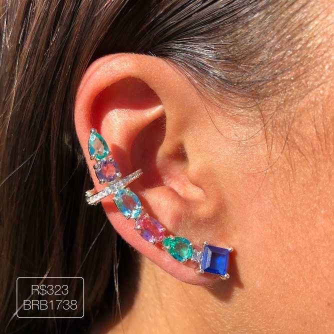 Ear Cuff Luxo Longo 2023 Rainbow Prateado